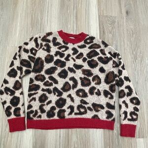 Easy Clothes Leopard Crew Neck Sweater with Red Trim